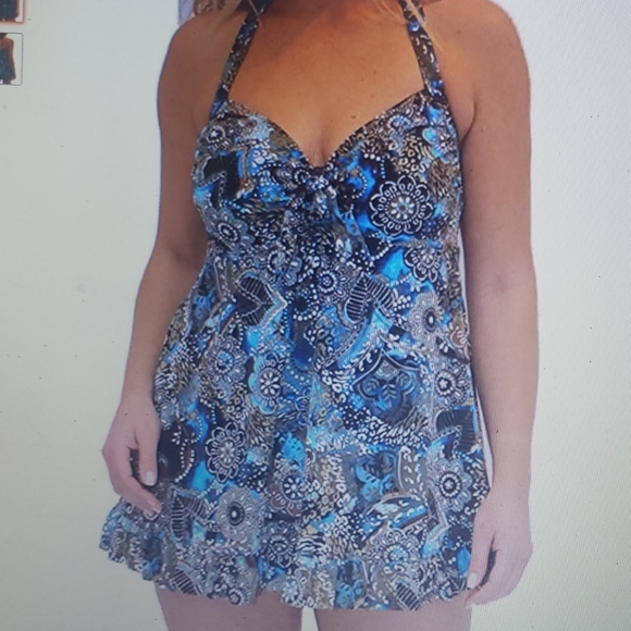 Fit 4 U Halter Long Tankini Top Floral Blue Green - Picture 1 of 5